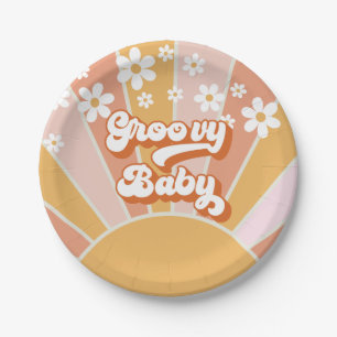 Plato De Papel Pape de Baby Shower Groovy Baby Retro Sol Hippie