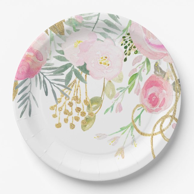 Plato De Papel Papel acuarela Rubor Gold Floral Bridal Shower (Anverso)