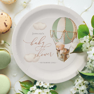 Plato De Papel Papel Baby Shower de globo de oso verde