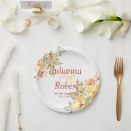 Plato De Papel papel boda floral de color naranja y color de agua