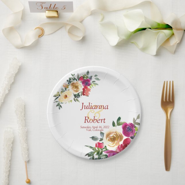 Plato De Papel Papel boda floral de limón acuarela y magenta (Boda)