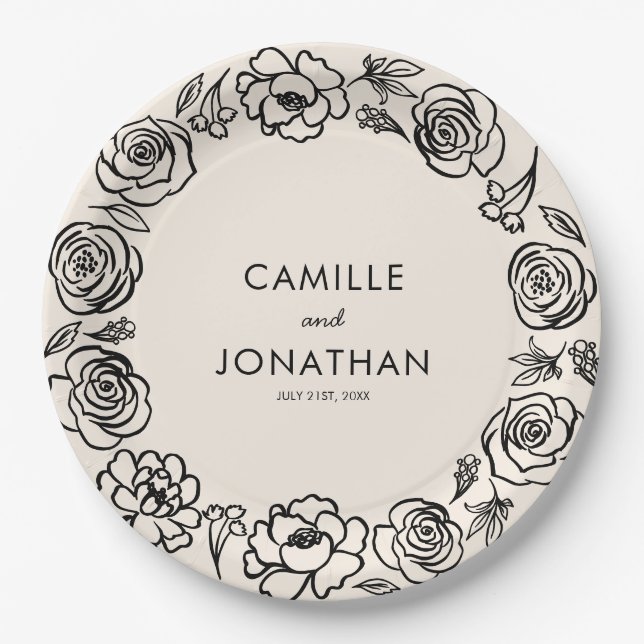 Plato De Papel Papel Boda floral de mano caprichosa (Anverso)