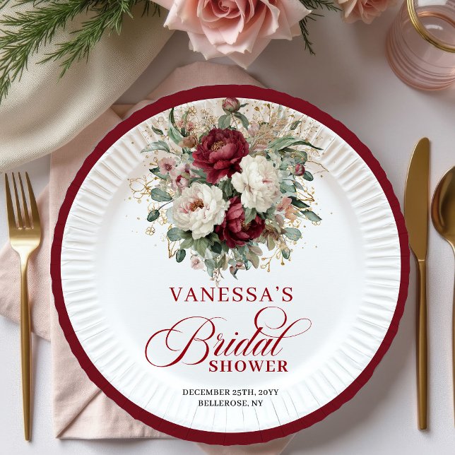 Plato De Papel Papel Clásico de Ducha Nupcial con Flores Granate  (Classic Maroon Floral Gold Bridal Shower Paper Plates)