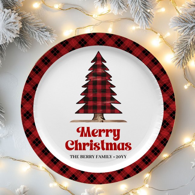 Plato De Papel Papel con estampado de cuadros de búfalo encantado (Charming Buffalo Plaid Custom Family Name Paper Plates)