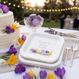 Plato De Papel Papel cuadrado de boda floral de crocus amarillo p