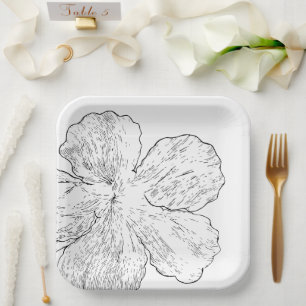 Plato De Papel Papel de arte de línea floral blanco y negro elega