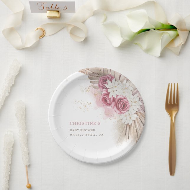 Plato De Papel Papel de Baby Shower "Boho rosa" tropical exótico (Boda)