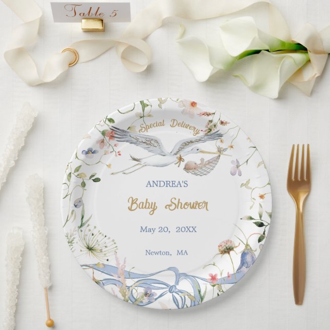 Plato De Papel Papel de Baby Shower de la cinta Stork Wildflower (Boda)