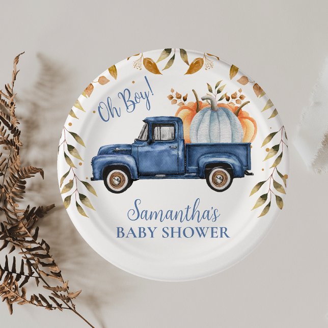 Plato De Papel Papel de Baby Shower del camión de calabaza azul (Editable Blue Little Pumpkin Truck Baby Shower Paper Plate, Fall Baby Shower Napkin Boy, )