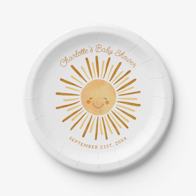 Plato De Papel Papel de Baby Shower Happy Yellow Sunshine Boho (Anverso)