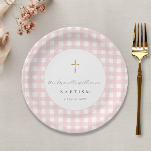 Plato De Papel Papel de Bautizo de Niña con Cuadros Rosas 