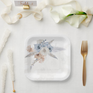 Plato De Papel Papel de boda boho floral beige azul polvoriento P