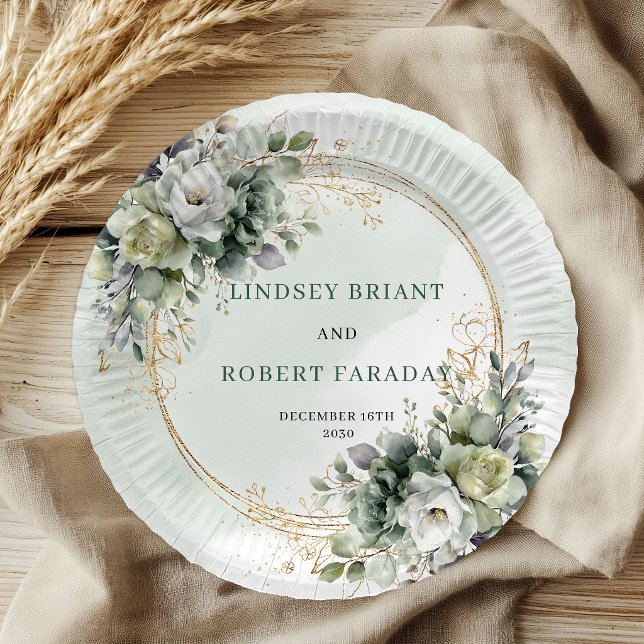 Plato De Papel Papel de boda Boho Greenery Dusty Green Eucalipto (Boho Greenery Dusty Green Eucalyptus Wedding Paper Plates)