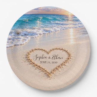 Plato De Papel Papel de Boda en la Playa Corazón en la Arena Pues