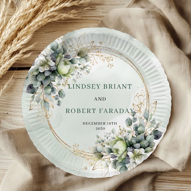 Plato De Papel Papel de boda verde polvoriento Eucalipto Verde  (Dusty Green Eucalyptus Greenery Wedding Paper Plates)