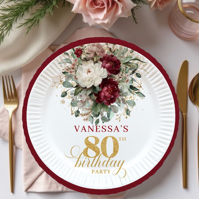 Plato De Papel Papel de Cumpleaños 80 Chic Boho Borgoña Floral Do (Chic Boho Burgundy Floral Gold 80th Birthday Paper Plates)