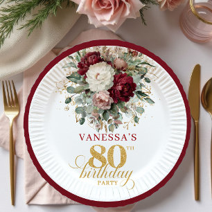 Plato De Papel Papel de Cumpleaños 80 Rustico Boho Borgoña Floral