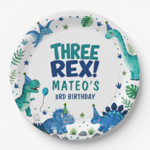 Papel de cumpleaños azul de tres dinosaurios Rex p