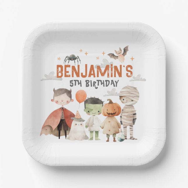 Plato De Papel Papel de cumpleaños de Halloween espeluznante (Anverso)