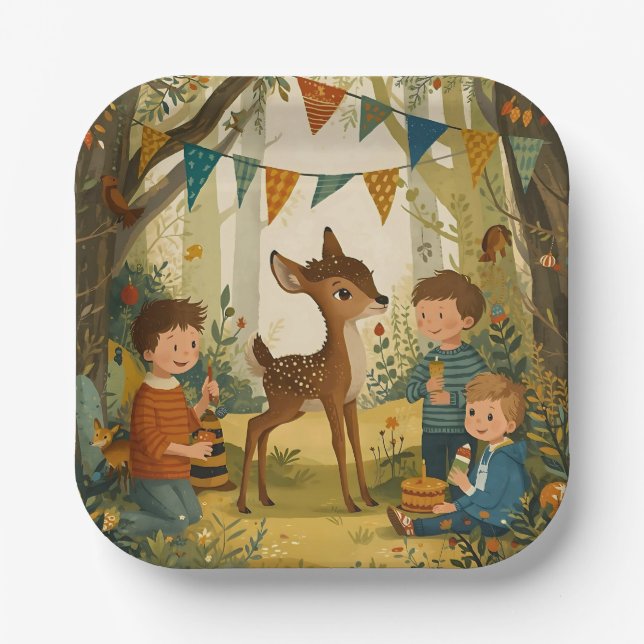 Plato De Papel Papel de cumpleaños de Little Spoteed Deer Woodlan (Anverso)