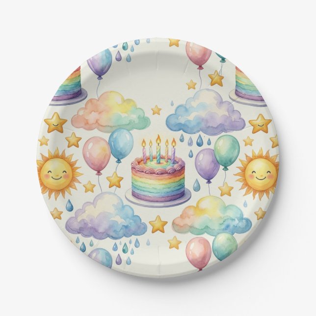 Plato De Papel Papel de Cumpleaños de Nube Arcoíris (Anverso)