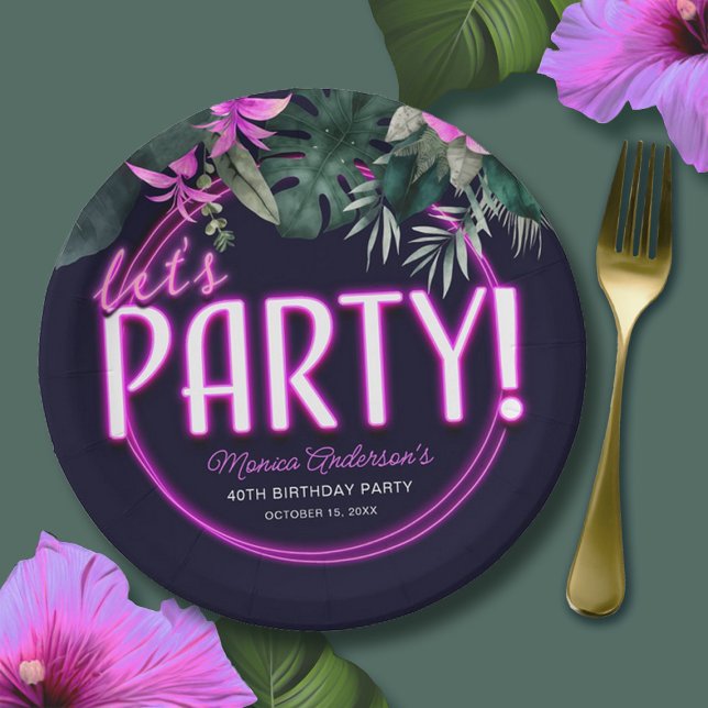 Plato De Papel Papel de cumpleaños del neón rosado Fiesta (Let's Party Tropical Pink Neon Birthday Paper Plat Paper Plates)