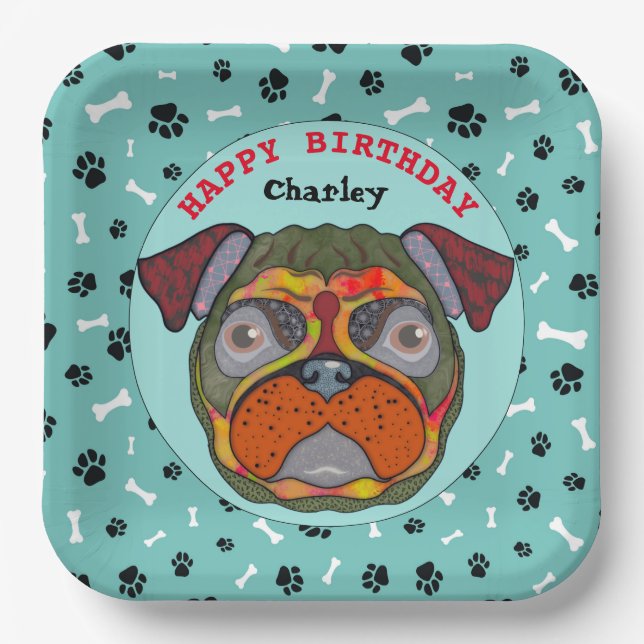 Plato De Papel Papel de cumpleaños del perro Pug feo Placas (Anverso)