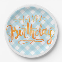 Papel de cumpleaños feliz Plate Blue White Gingham