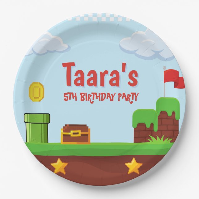 Plato De Papel Papel de Cumpleaños Infantil Arcade Pixel de Video (Anverso)