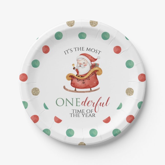 Plato De Papel Papel de Cumpleaños Número Uno de Santa Navideño M (Anverso)