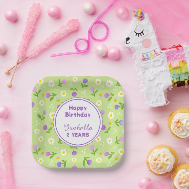 Plato De Papel Papel de cumpleaños para niñas Placas flores de ve (Fiesta)