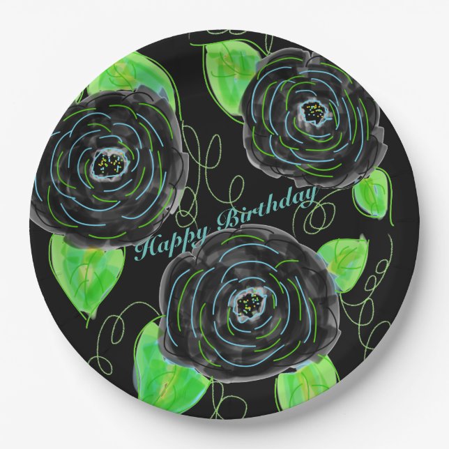 Plato De Papel Papel de flores negras 9 pulgadas Placas Fiestas (Anverso)