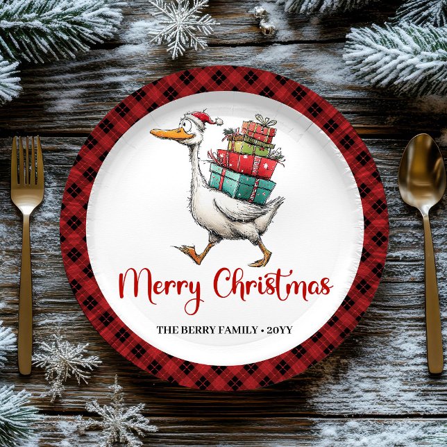Plato De Papel Papel de Ganso Divertido de Navidad con Minimalism (Christmas Funny Goose Minimalist Whimsy Paper Plates)