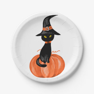 Plato De Papel Papel de gato negro de Halloween Placa