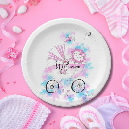 Plato De Papel Papel de la línea acuática rosada para el bebé lin