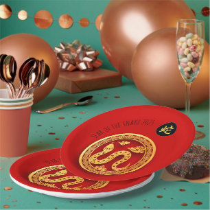 Plato De Papel Papel de la serpiente dorada roja Año nuevo chino