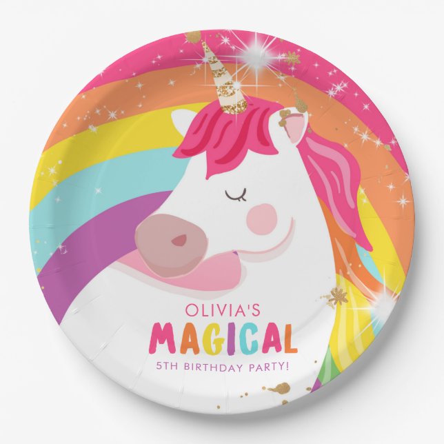 Plato De Papel Papel de unicornio Placas de arcoiris rosado Cumpl (Anverso)