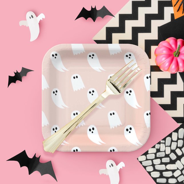 Plato De Papel Papel fantasma y patrón de Halloween rosa y blanco (Pink & White Halloween Ghost & Pattern Paper Paper Plates)