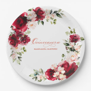 Plato De Papel Papel Fiesta Quinceanera Personalizado Floral Rosa