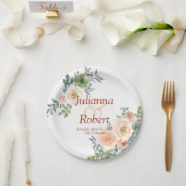 Plato De Papel Papel floral acuarela verde y rubor para boda