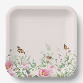 Plato De Papel Papel Floral de Peonía y Mariposa en Acuarela Eleg