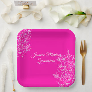 Plato De Papel Papel floral elegante fucsia rosa y blanco
