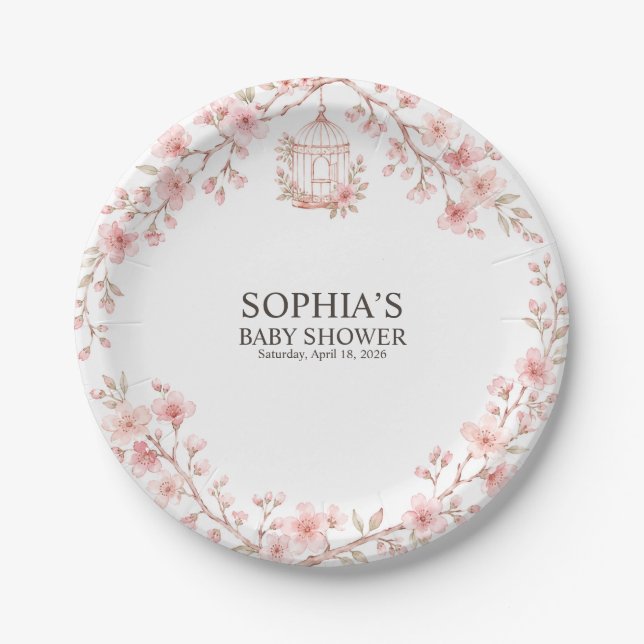Plato De Papel Papel para Baby Shower de Flor de Cerezo (Anverso)