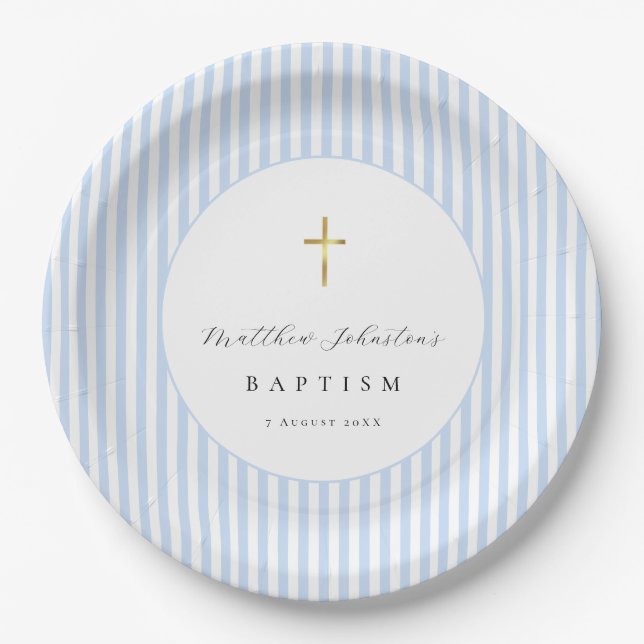 Plato De Papel Papel para Bautizo de Niño Azul Bebé (Anverso)