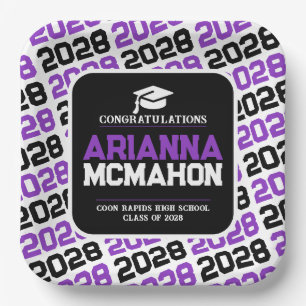 Plato De Papel Papel Personalizado de Graduación Morado, Blanco y