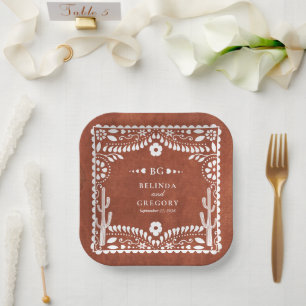 Plato De Papel Papel Picado Boda Mexicana Terracota Marrón Bodas