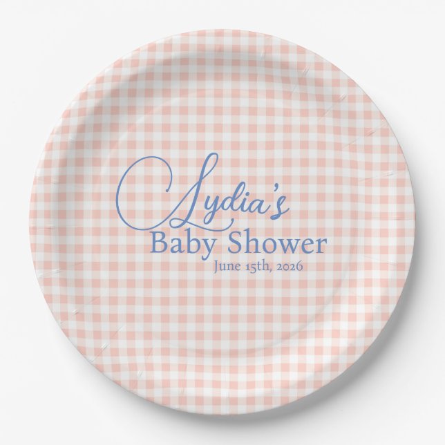 Plato De Papel Papel pintado de cuadros gingham rosa melocotón (Anverso)