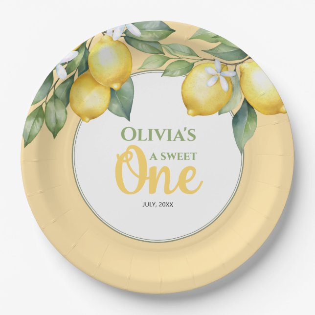 Plato De Papel Papel Placa cítricos de limón 1er cumpleaños. (Anverso)