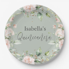 Plato De Papel Papel Quinceañera de color verde arbolado