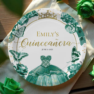 Plato De Papel Papel Quinceanera Placa Vestido Verde Esmeralda
